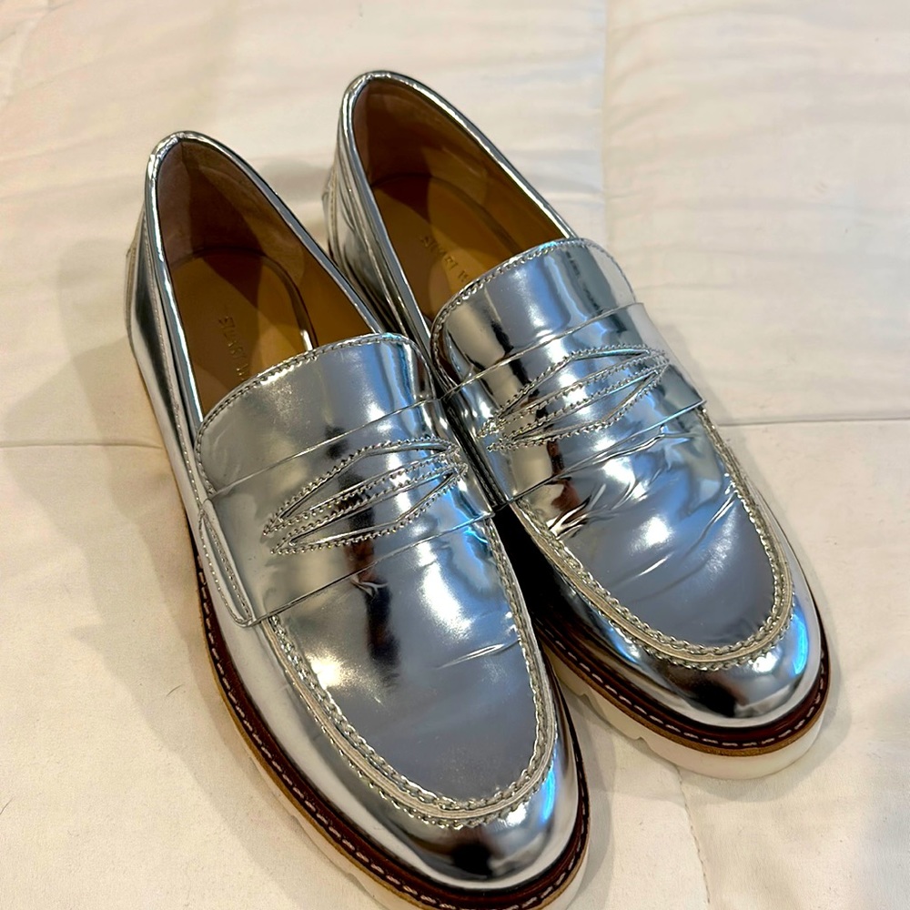 Stuart weitzman metallic silver loafers